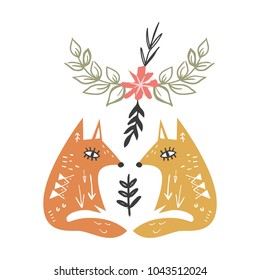Vector, clip art, hand drawn. 
Cute stylized foxes. Floral apparel. 
Scandinavian art.
Design elements, baby printable card, t-shirt and other clothes print.