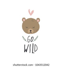 Vector, clip art, hand drawn. 
Cute bear nursery art. Handwritten letters.
Design elements, baby printable card, t-shirt and other clothes print. 
Scandinavian art.
Isolated.