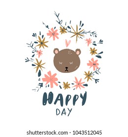 Vector, clip art, hand drawn. 
Cute bear and floral frame. Handwritten letters. 
Design elements, baby printable card, t-shirt and other clothes print. 
Scandinavian art.
Isolated.
