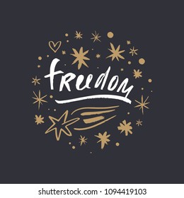 Vector, clip art, hand drawn. Freedom lettering, font, heart. Romantic boho style. Card, poster, banner, t-shirt, other clothes and more. Isolated.
