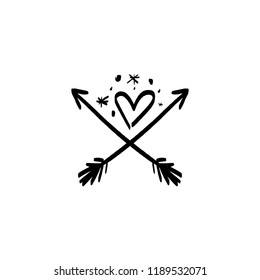 Vector, clip art, hand drawn. Emblem with magical heart, arrows, stars. Hand logo, boho style tattoo. Decorative print for card, poster, t-shirt and other clothes. Isolated objects