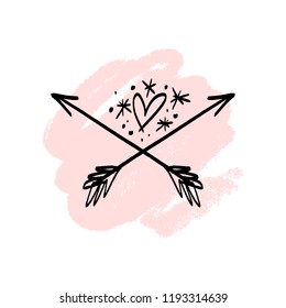 Vector, clip art, hand drawn. Emblem with magical heart, arrows, stars. Hand logo, boho style tattoo. Decorative print for card, poster, t-shirt and other clothes. Isolated objects