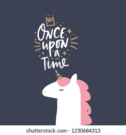 Vector, clip art, hand drawn. Once upon a time lettering, magical pastel art with unicorn, fairy tale theme. Nursery illustration, print for cards, posters, t-shirts and other.