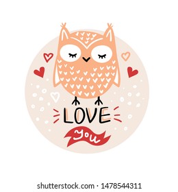 Vector, clip art, hand drawn Valentines day illustration. Funny fairy tale, forest animal, owl face. Sticker, print for cards, posters t-shirts other clothes and more