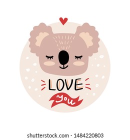 Vector, clip art, hand drawn Valentines day illustration. Funny fairy tale, forest animal, koala bear face. Sticker, print for cards, posters t-shirts other clothes and more