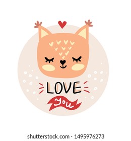 Vector, clip art, hand drawn Valentines day illustration. Funny fairy tale, forest animal, squirrel face. Sticker, print for cards, posters t-shirts other clothes and more
