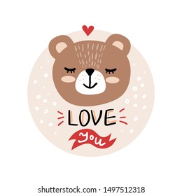 Vector, clip art, hand drawn Valentines day illustration. Funny fairy tale, forest animal, bear face. Sticker, print for cards, posters t-shirts other clothes and more