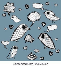vector clip art  hand drawn cloud of thoughts and birds dark blue background