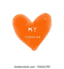 Vector, clip art. Hand drawn. Orange heart, sunshine, light, sign, inspiration, watercolor texture. Print, element for design. Isolated objects.