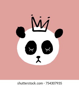 Vector, clip art. Hand drawn cute panda, baby, girl, princess, stylish, funny, pretty, minimal. Print, element for design. Isolated objects.