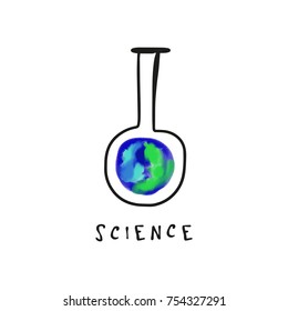 Vector, clip art. Hand drawn. Bulb, green planet, science, chemistry, education, student, university, glass, transparent. Print, element for design. Print, elements for design. Isolated objects.