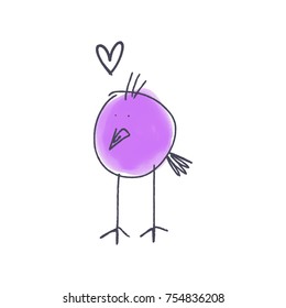 Vector, clip art. Hand drawn. Watercolor, funny bird, childish, simple, hearts, love vibes. Print, elements for design. Isolated objects.