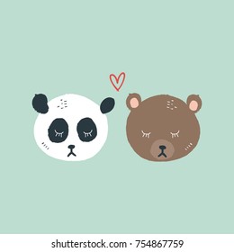 Vector, clip art. Hand drawn. Cute little panda and bear, childish, funny, heart, love vibes, couple. Print, elements for design. Isolated objects.