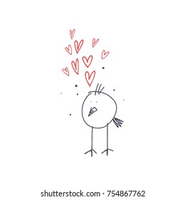 Vector, clip art. Hand drawn. Funny bird, childish, funny, hearts, love vibes. Print, elements for design. Isolated objects.