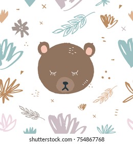 Vector, clip art. Hand drawn. Cute baby bear, head, face, portrait, childish, funny, female, girl, pattern, floral. Print, elements for design. Isolated object.