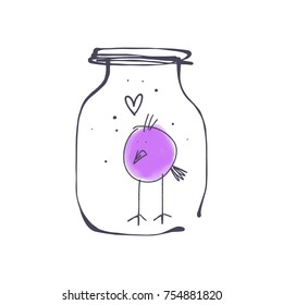 Vector, clip art. Hand drawn. Watercolor, funny bird, jar, glass, childish, simple, hearts, love vibes. Print, elements for design. Isolated objects.