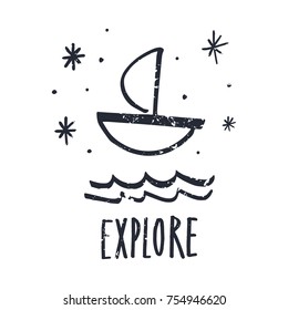Vector, clip art. Hand drawn. Marine, boat, ship, sea, night. Travel vibes. Print, elements for design. Isolated objects.