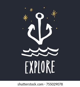 Vector, clip art. Hand drawn. Sign. Marine, anchor, stars, sea, night. Travel vibes. Print, elements for design. Isolated objects.