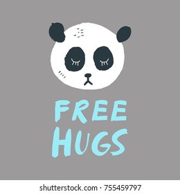 Vector, clip art, hand drawn. Panda, free hugs, hand written. Animal, cute character. Book illustration, print for cards, posters, patterns, t-shirts and other. Isolated objects.