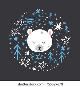 Vector, clip art, hand drawn. Polar bear, night, starry sky, patterned circle. Animal, cute character. Book illustration, print for cards, posters, patterns, t-shirts and other. Isolated objects.