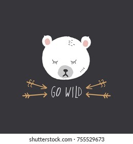 Vector, clip art, hand drawn. Polar bear, arrows, hand written text, go wild. Animal, cute character. Book illustration, print for cards, posters, patterns, t-shirts and other. Isolated objects.