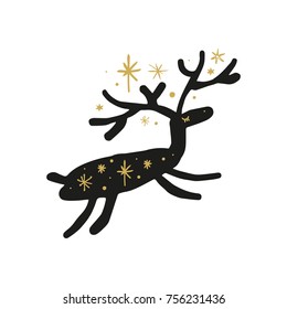 Vector, clip art, hand drawn. Funny, shine, cute character, holiday, stylized deer, Christmas and New Year. Book illustration, print for cards, posters, patterns, t-shirts and more. Isolated objects.