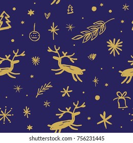 Vector, clip art, hand drawn. Seamless pattern, deers, holiday, stylized stars, Christmas and New Year. Book illustration, print for cards, posters, patterns, t-shirts and more. Isolated objects.