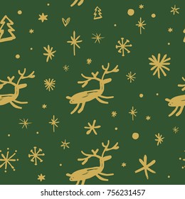 Vector, clip art, hand drawn. Seamless pattern, deers, holiday, stylized stars, Christmas and New Year. Book illustration, print for cards, posters, patterns, t-shirts and more. Isolated objects.