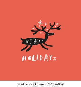 Vector, clip art, hand drawn. Red, funny, cute character, holiday, stylized deer, Christmas and New Year. Book illustration, print for cards, posters, patterns, t-shirts and more. Isolated objects.