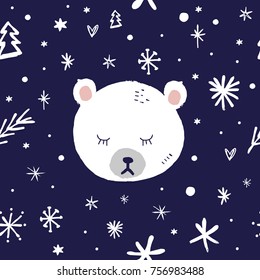 Vector, clip art, hand drawn. New Year, animal, polar bear, cute character. Background, pattern. Book illustration, print for cards, posters, patterns, t-shirts and other. Isolated objects.