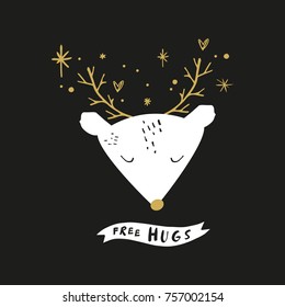 Vector, clip art, hand drawn. Golden, black, head, animal, white deer, cute character, baby. Book illustration, print for cards, posters, patterns, t-shirts and other. Isolated objects.
