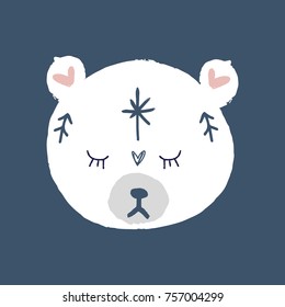 Vector, clip art, hand drawn. Cute polar bear, face, decor elements, winter. Print for cards, posters, patterns, t-shirts and other. Isolated objects.