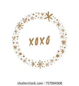 Vector, clip art, hand drawn. Hugs and kisses, frame, decor elements, golden. Print for cards, posters, patterns, t-shirts and other. Isolated objects.