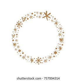 Vector, clip art, hand drawn. Cute frame, wreath, decor elements, snow, golden. Print for cards, posters, patterns, t-shirts and other. Isolated objects.