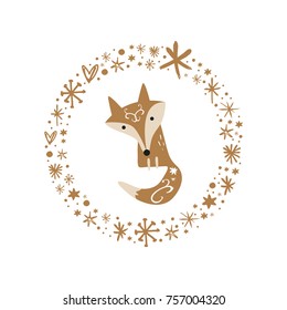 Vector, clip art, hand drawn. Cute baby fox, frame, decor elements, golden. Print for cards, posters, patterns, t-shirts and other. Isolated objects.