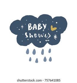 Vector, clip art, hand drawn. Cute cloud, rainy day, baby shower, drops. Print for cards, posters, patterns, t-shirts and other. Isolated objects.