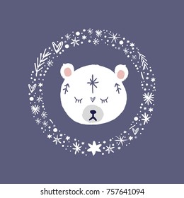 Vector, clip art, hand drawn. Cute polar bear, frame, decor elements, stars. Print for cards, posters, patterns, t-shirts and other. Isolated objects.