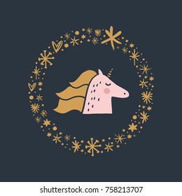 Vector, clip art, hand drawn. Magical animal, cute character, unicorn. llustration, print for cards, posters, patterns, t-shirts and other. Isolated objects.