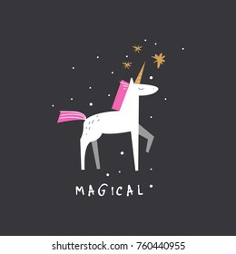 Vector, clip art, hand drawn. Unicorn, cute character, stars, girl, magical, romanthic, beauty, fairy tale. Book illustration, print for cards, posters, patterns, t-shirts and other. Isolated objects.
