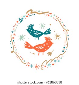 Vector, clip art, hand drawn. Birds, cute characters, frame, animals, romanthic, nature, fairy tale. Illustration, print for cards, posters, patterns, t-shirts and other. Isolated objects.