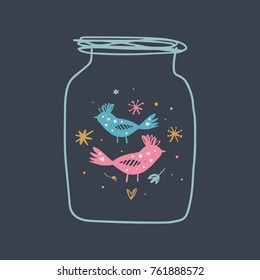 Vector, clip art, hand drawn. Birds, vessel, glass, magical, romanthic, stars, fairy tale. Illustration, print for cards, posters, patterns, t-shirts and other. Isolated objects.