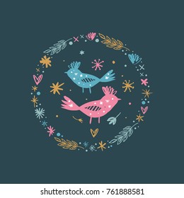 Vector, clip art, hand drawn. Birds, branches, cute characters, frame, animals, romanthic, nature, floral. Illustration, print for cards, posters, patterns, t-shirts and other. Isolated objects.