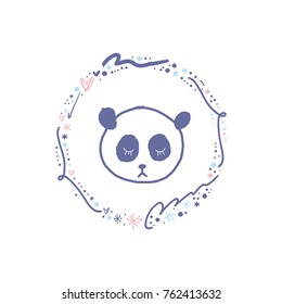 Vector, clip art, hand drawn. Cute panda, bear, face, child, frame, animal, romanthic, gentle, baby. Book illustration, print for cards, posters, patterns, t-shirts and other. Isolated objects.