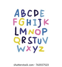 Vector, clip art, hand drawn. Abc, alphabet, chalk style, cute, brush, funny, color, letters. Design elements, stickers, print for cards, posters, t-shirts, other clothers and more. Isolated objects.
