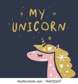 Vector, clip art, hand drawn. Night, unicorn, cute character, magic, romanthic, font, fairy tale. Illustration, sticker, print for cards, posters, t-shirts, other clothers and more. Isolated objects.