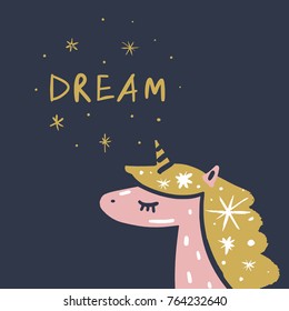 Vector, clip art, hand drawn. Night, unicorn, cute character, magic, romanthic, font, dream. Illustration, sticker, print for cards, posters, t-shirts, other clothers and more. Isolated objects.