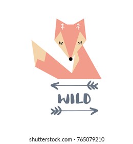 Vector, clip art, hand drawn. Cute fox, wild, arrows, stylized, baby, character, girl, inscription. Design elements, print for cards, posters, t-shirts, other clothers and more. Isolated objects.