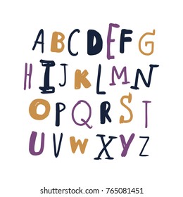 Vector, clip art, hand drawn. Abc, kids, font, letters, stylish, gouashe, paint texture, typography. Design elements, print for cards, posters, t-shirts, other clothers and more. Isolated objects.