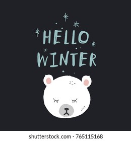 Vector, clip art, hand drawn. Polar bear, baby, cartoon, cute character, girl, snowflakes, winter. Design elements, print for cards, posters, t-shirts, other clothes and more. Isolated objects.