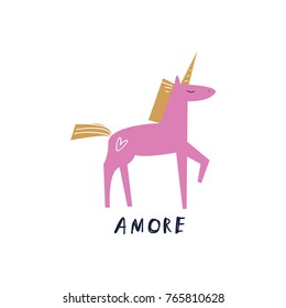 Vector, clip art, hand drawn. Cute unicorn, fairy tale, horse, pony, girl, magic. Sticker, print for cards, posters, t-shirts, other clothes and more. Isolated objects.